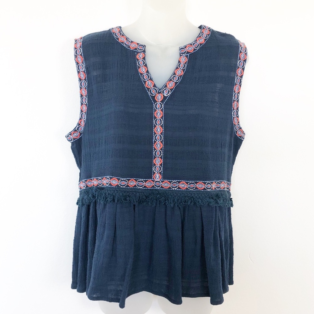 THML Navy Sleeveless Peplum Top with Orang, White and baby Blue Trim